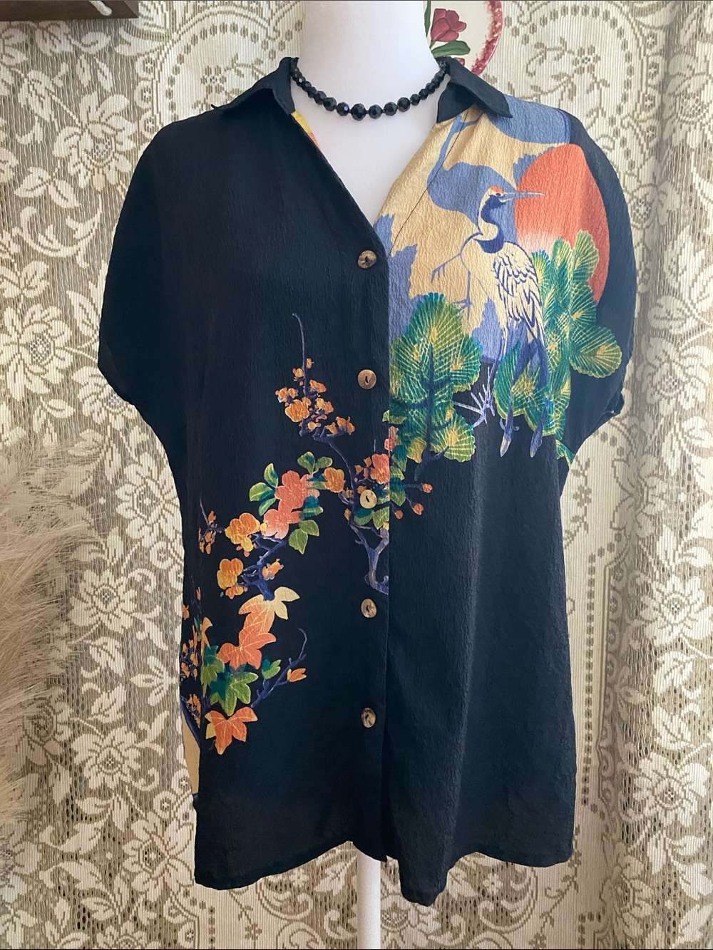 Citron Santa Monica Silk Floral Black Button-Front Crane Print Blouse